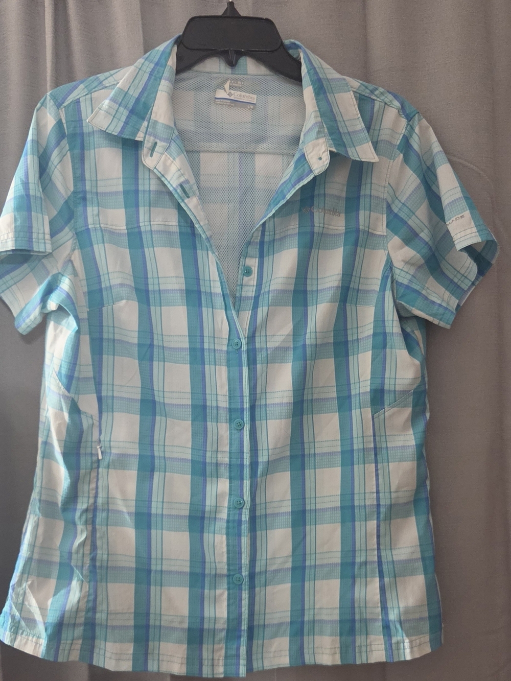 Columbia Omni Shade Women's Short Sleeve Button Down Shirt Plaid Large Blue Teal
